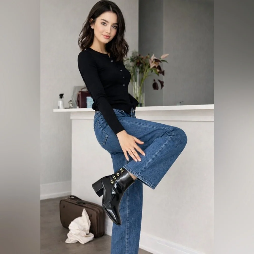 Sézane Leonie Mid Boots in Patent Black FR 38 / US 7